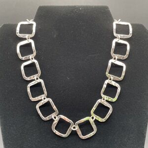 925 Sterling Silver 52.53g Vintage Shiny Hammered Open Square Chain Necklace